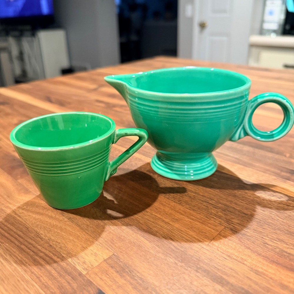 Fiesta Homer Laughlin Green Creamer and Teacup Set Vintage Art Deco Ceramic